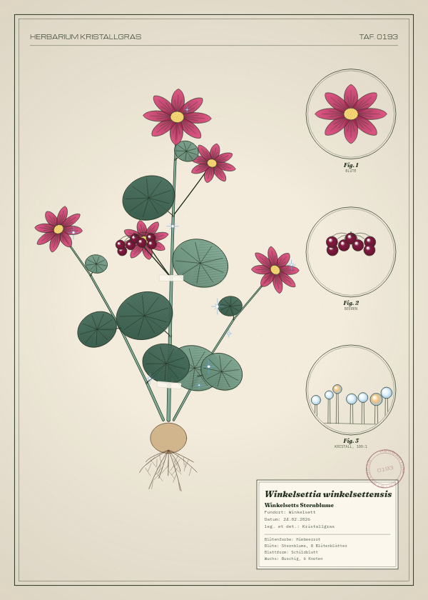 Botanische Tafel: Winkelsettia winkelsettensis, eine erfundene Pflanze aus Winkelsett, gezeichnet wie in einem alten Pflanzenatlas