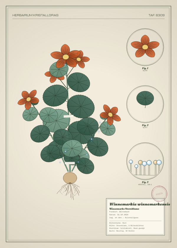 Botanische Tafel: Winnemarkia winnemarkensis, eine erfundene Pflanze aus Winnemark, gezeichnet wie in einem alten Pflanzenatlas