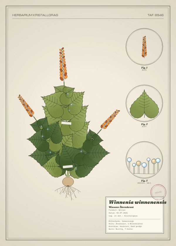 Botanische Tafel: Winnenia winnenensis, eine erfundene Pflanze aus Winnen, gezeichnet wie in einem alten Pflanzenatlas