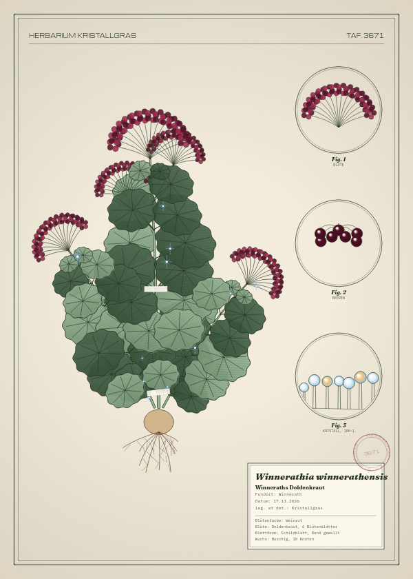 Botanische Tafel: Winnerathia winnerathensis, eine erfundene Pflanze aus Winnerath, gezeichnet wie in einem alten Pflanzenatlas