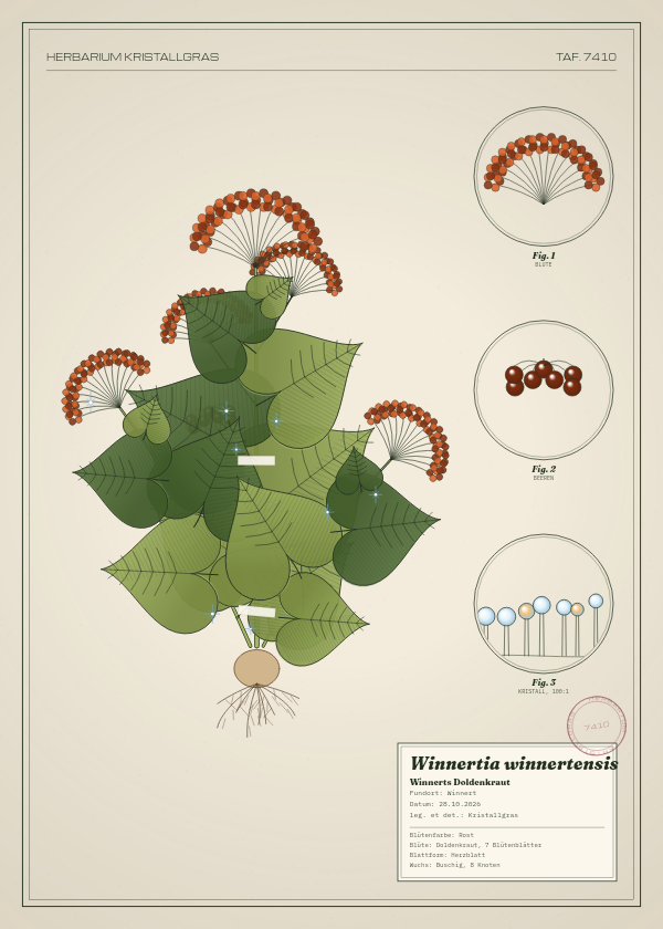 Botanische Tafel: Winnertia winnertensis, eine erfundene Pflanze aus Winnert, gezeichnet wie in einem alten Pflanzenatlas