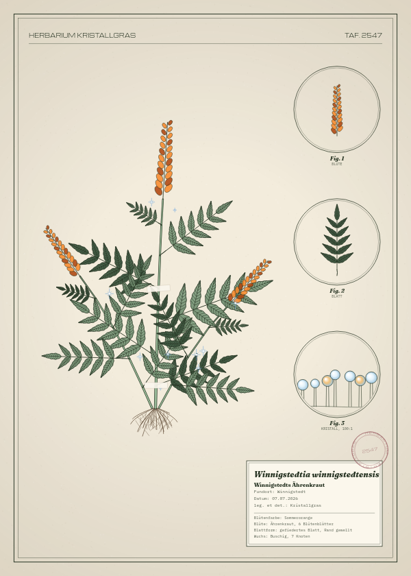 Botanische Tafel: Winnigstedtia winnigstedtensis, eine erfundene Pflanze aus Winnigstedt, gezeichnet wie in einem alten Pflanzenatlas