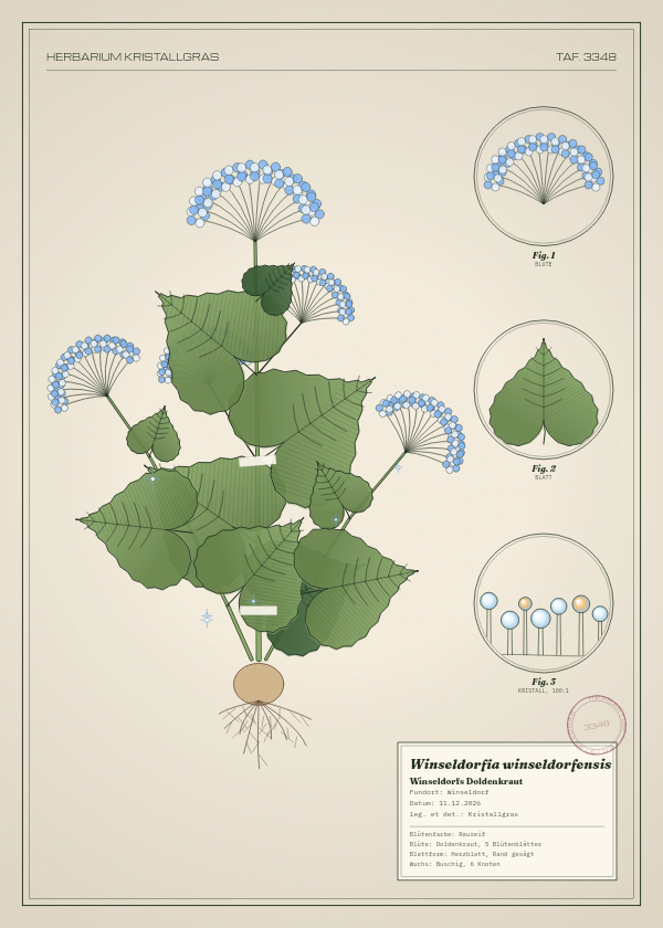 Botanische Tafel: Winseldorfia winseldorfensis, eine erfundene Pflanze aus Winseldorf, gezeichnet wie in einem alten Pflanzenatlas