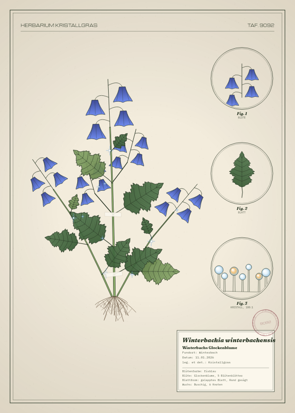 Botanische Tafel: Winterbachia winterbachensis, eine erfundene Pflanze aus Winterbach, gezeichnet wie in einem alten Pflanzenatlas