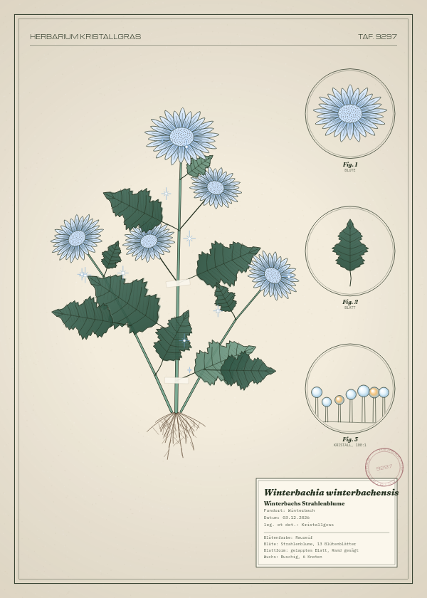 Botanische Tafel: Winterbachia winterbachensis, eine erfundene Pflanze aus Winterbach, gezeichnet wie in einem alten Pflanzenatlas