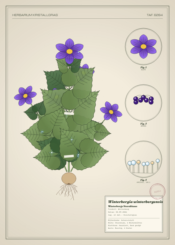 Botanische Tafel: Winterbergia winterbergensis, eine erfundene Pflanze aus Winterberg, gezeichnet wie in einem alten Pflanzenatlas