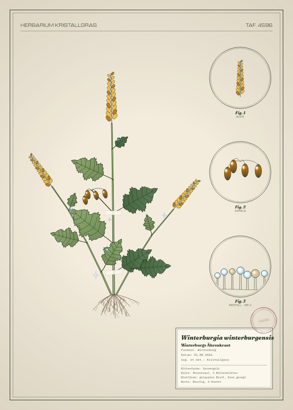 Botanische Tafel: Winterburgia winterburgensis, eine erfundene Pflanze aus Winterburg, gezeichnet wie in einem alten Pflanzenatlas