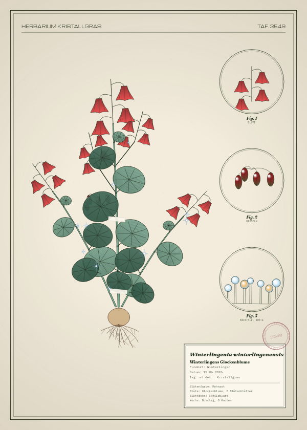 Botanische Tafel: Winterlingenia winterlingenensis, eine erfundene Pflanze aus Winterlingen, gezeichnet wie in einem alten Pflanzenatlas