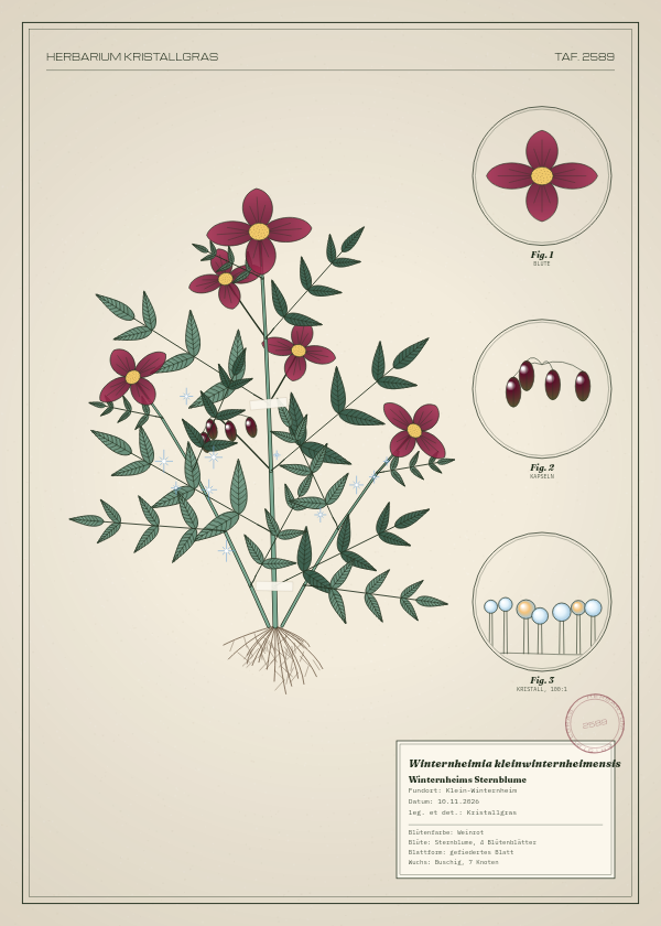 Botanische Tafel: Winternheimia kleinwinternheimensis, eine erfundene Pflanze aus Klein-Winternheim, gezeichnet wie in einem alten Pflanzenatlas