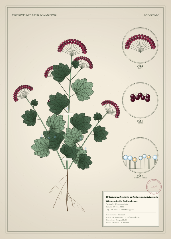 Botanische Tafel: Winterscheidia winterscheidensis, eine erfundene Pflanze aus Winterscheid, gezeichnet wie in einem alten Pflanzenatlas