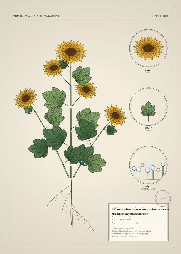 Botanische Tafel: Wintersheimia wintersheimensis, eine erfundene Pflanze aus Wintersheim, gezeichnet wie in einem alten Pflanzenatlas