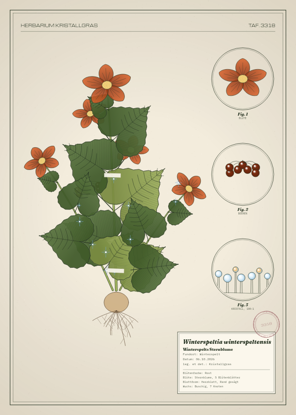 Botanische Tafel: Winterspeltia winterspeltensis, eine erfundene Pflanze aus Winterspelt, gezeichnet wie in einem alten Pflanzenatlas