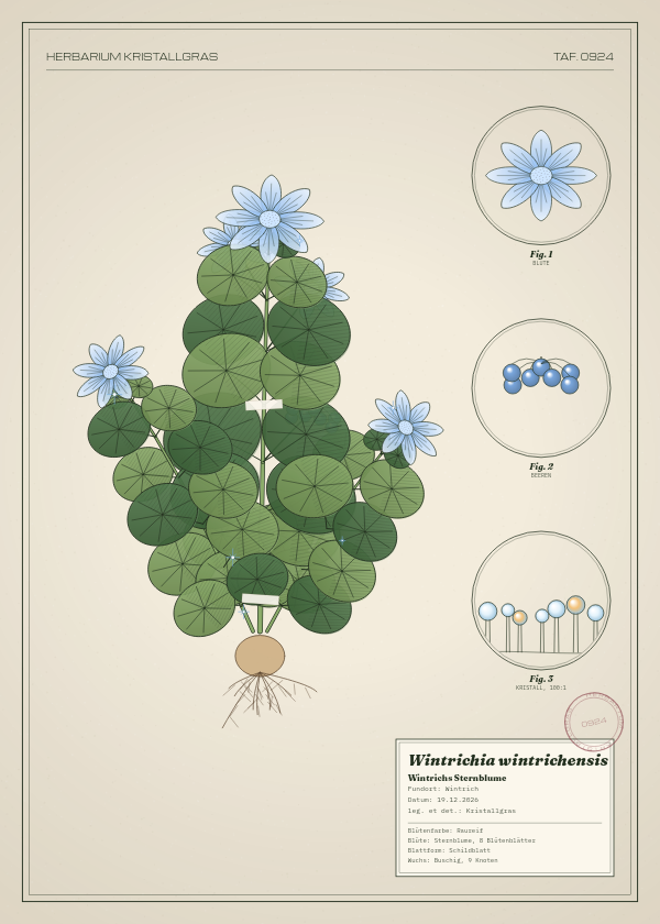 Botanische Tafel: Wintrichia wintrichensis, eine erfundene Pflanze aus Wintrich, gezeichnet wie in einem alten Pflanzenatlas