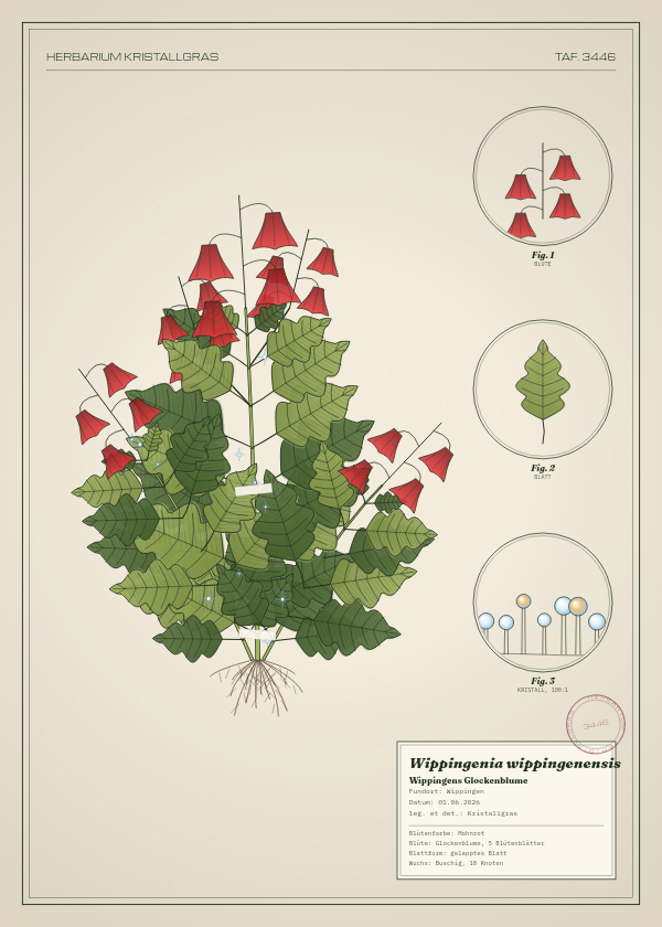 Botanische Tafel: Wippingenia wippingenensis, eine erfundene Pflanze aus Wippingen, gezeichnet wie in einem alten Pflanzenatlas
