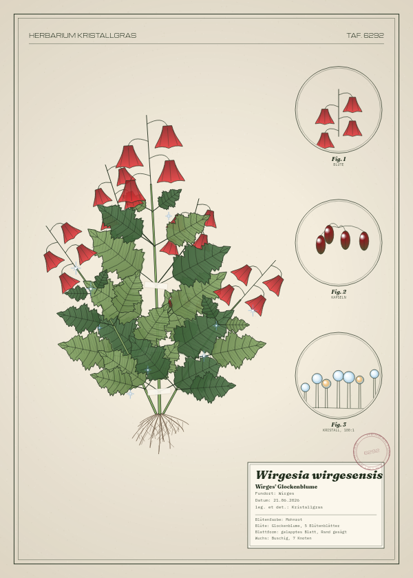 Botanische Tafel: Wirgesia wirgesensis, eine erfundene Pflanze aus Wirges, gezeichnet wie in einem alten Pflanzenatlas