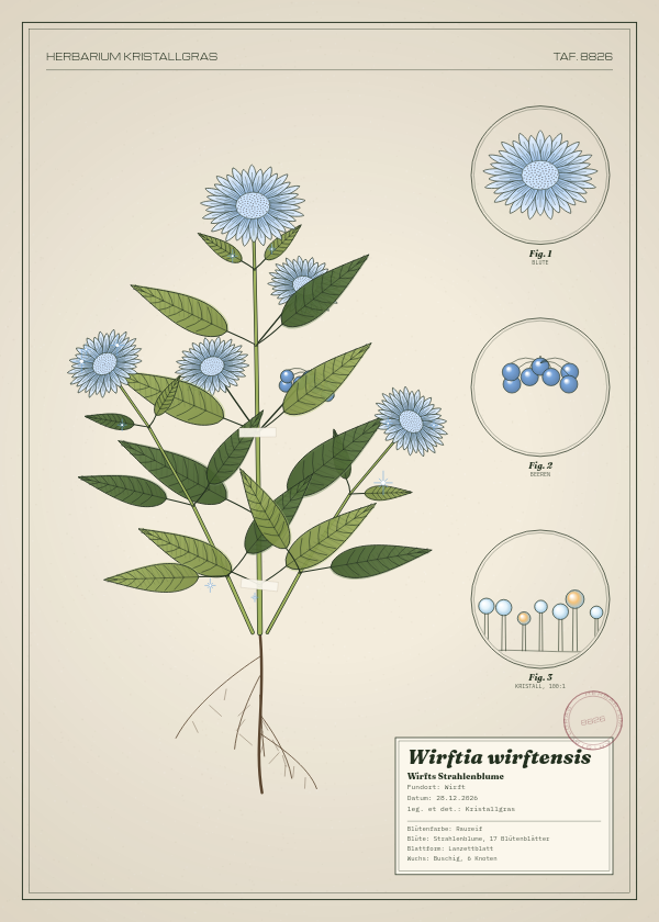 Botanische Tafel: Wirftia wirftensis, eine erfundene Pflanze aus Wirft, gezeichnet wie in einem alten Pflanzenatlas
