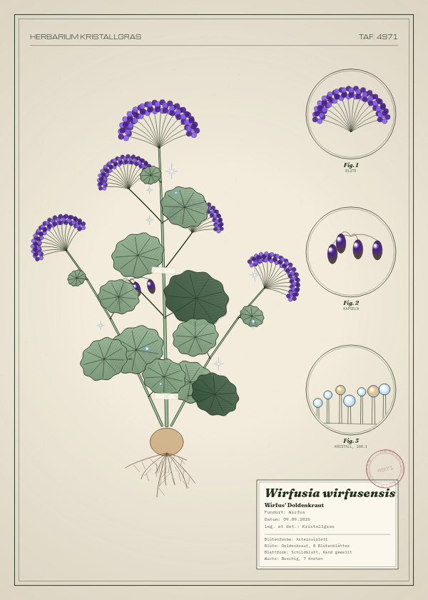 Botanische Tafel: Wirfusia wirfusensis, eine erfundene Pflanze aus Wirfus, gezeichnet wie in einem alten Pflanzenatlas