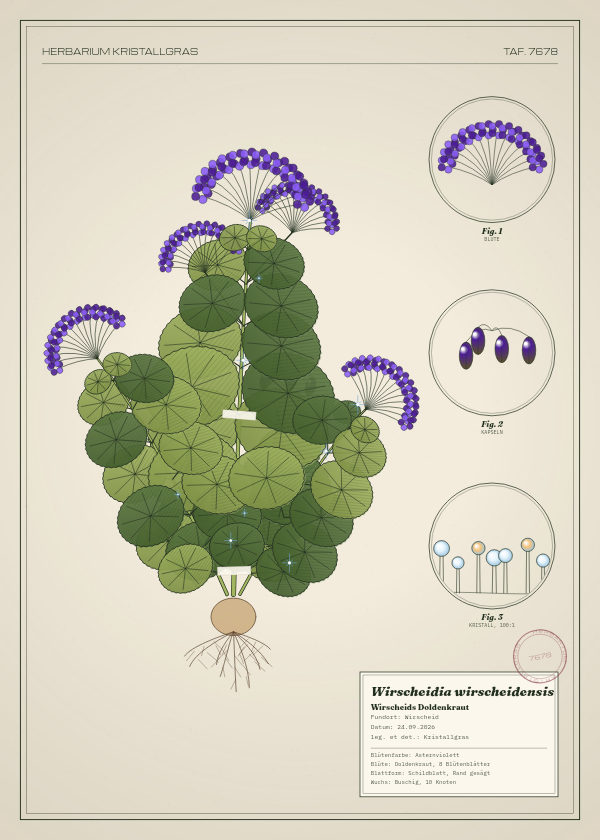 Botanische Tafel: Wirscheidia wirscheidensis, eine erfundene Pflanze aus Wirscheid, gezeichnet wie in einem alten Pflanzenatlas