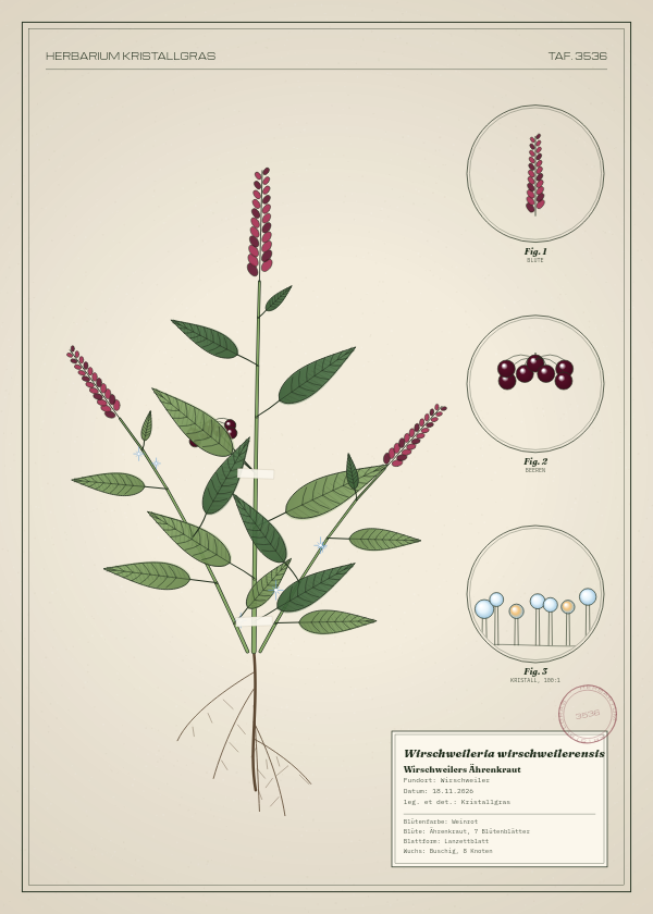 Botanische Tafel: Wirschweileria wirschweilerensis, eine erfundene Pflanze aus Wirschweiler, gezeichnet wie in einem alten Pflanzenatlas