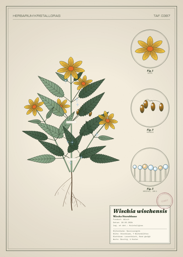 Botanische Tafel: Wischia wischensis, eine erfundene Pflanze aus Wisch, gezeichnet wie in einem alten Pflanzenatlas