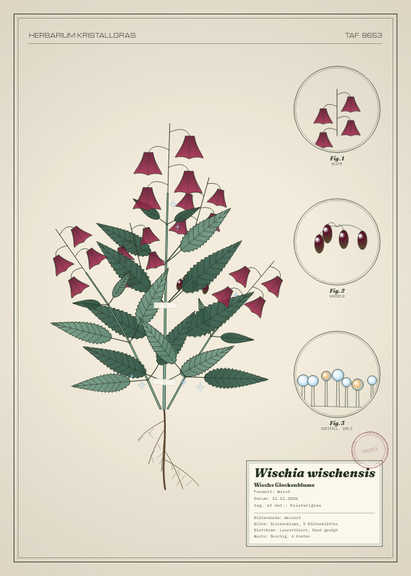 Botanische Tafel: Wischia wischensis, eine erfundene Pflanze aus Wisch, gezeichnet wie in einem alten Pflanzenatlas