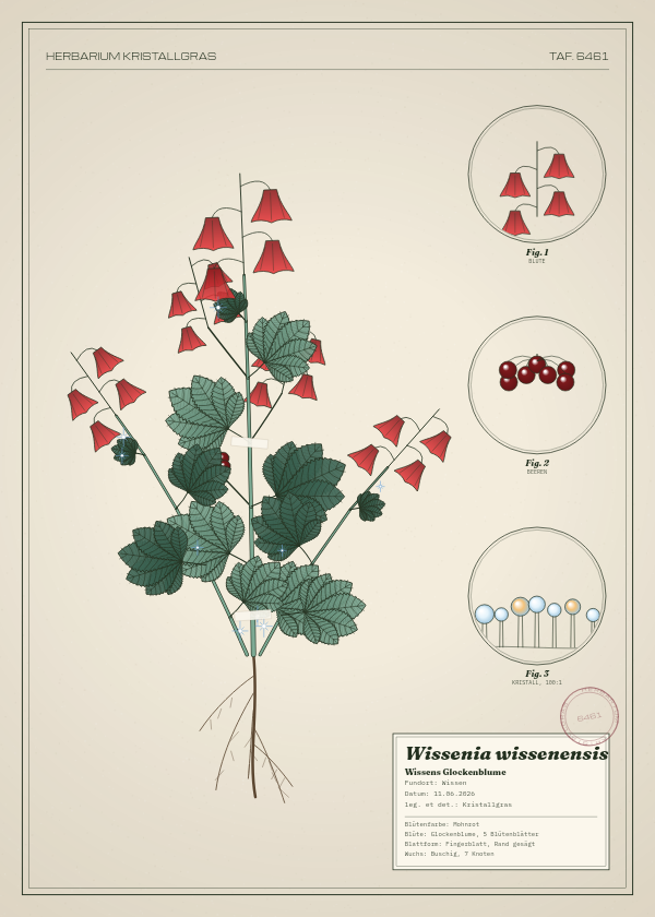 Botanische Tafel: Wissenia wissenensis, eine erfundene Pflanze aus Wissen, gezeichnet wie in einem alten Pflanzenatlas