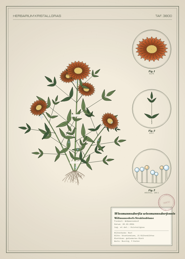Botanische Tafel: Wissmannsdorfia wissmannsdorfensis, eine erfundene Pflanze aus Wißmannsdorf, gezeichnet wie in einem alten Pflanzenatlas