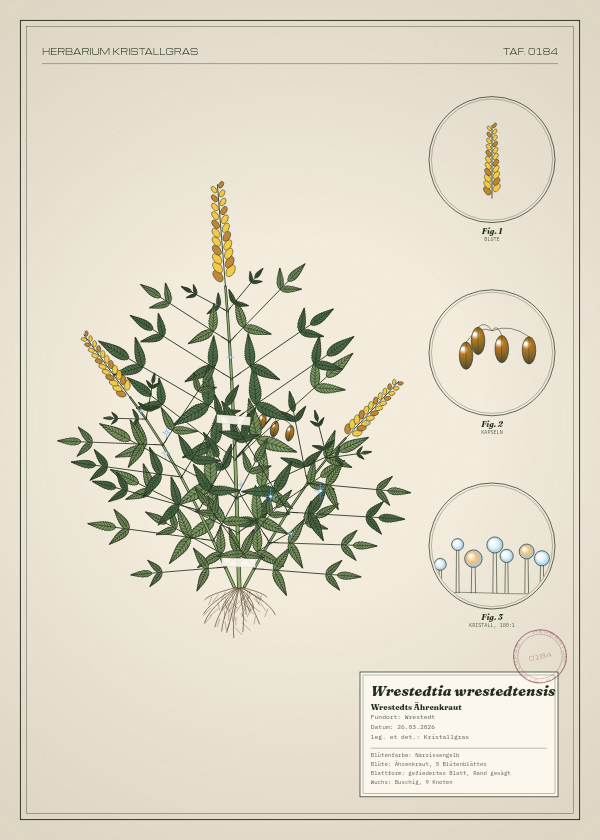 Botanische Tafel: Wrestedtia wrestedtensis, eine erfundene Pflanze aus Wrestedt, gezeichnet wie in einem alten Pflanzenatlas