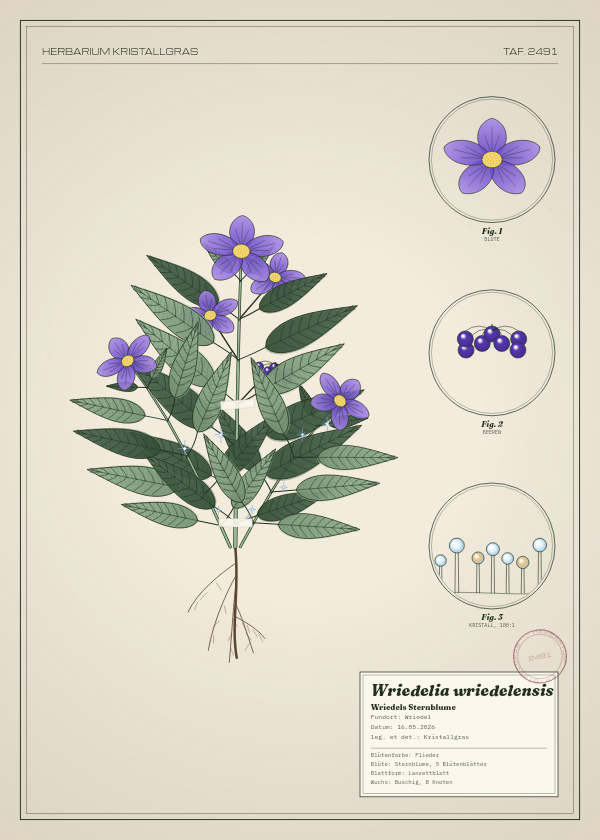 Botanische Tafel: Wriedelia wriedelensis, eine erfundene Pflanze aus Wriedel, gezeichnet wie in einem alten Pflanzenatlas