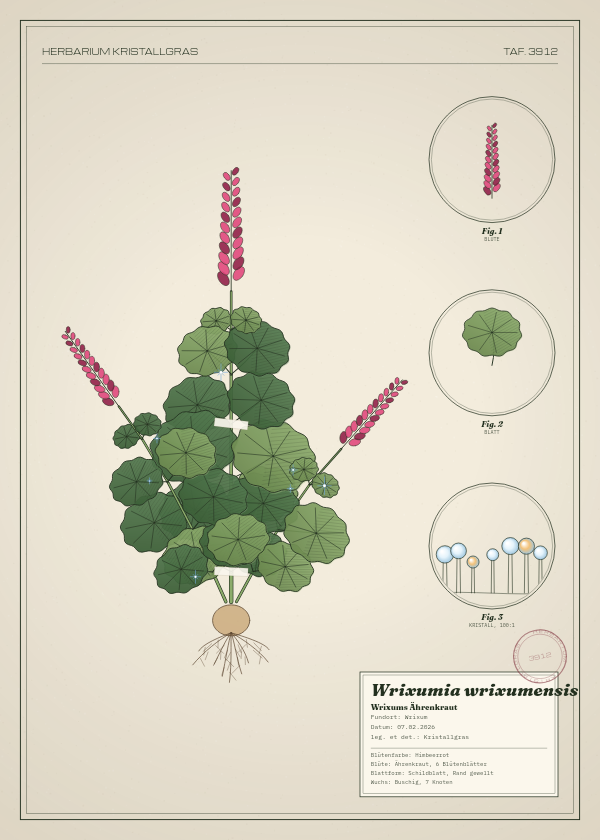 Botanische Tafel: Wrixumia wrixumensis, eine erfundene Pflanze aus Wrixum, gezeichnet wie in einem alten Pflanzenatlas