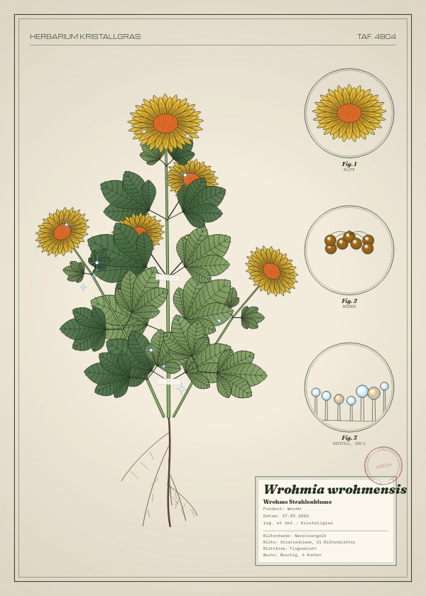 Botanische Tafel: Wrohmia wrohmensis, eine erfundene Pflanze aus Wrohm, gezeichnet wie in einem alten Pflanzenatlas
