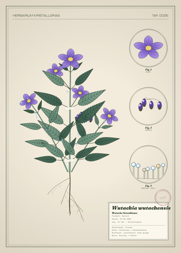 Botanische Tafel: Wutachia wutachensis, eine erfundene Pflanze aus Wutach, gezeichnet wie in einem alten Pflanzenatlas