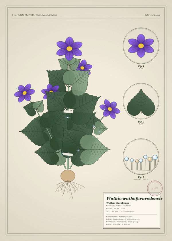 Botanische Tafel: Wuthia wuthafarnrodensis, eine erfundene Pflanze aus Wutha-Farnroda, gezeichnet wie in einem alten Pflanzenatlas