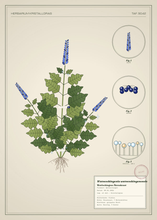 Botanische Tafel: Wutoeschingenia wutoeschingenensis, eine erfundene Pflanze aus Wutöschingen, gezeichnet wie in einem alten Pflanzenatlas
