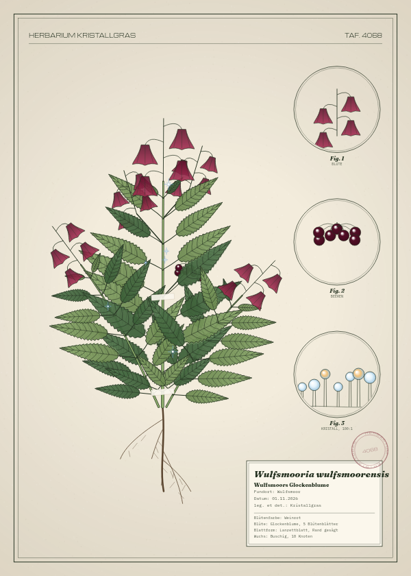 Botanische Tafel: Wulfsmooria wulfsmoorensis, eine erfundene Pflanze aus Wulfsmoor, gezeichnet wie in einem alten Pflanzenatlas