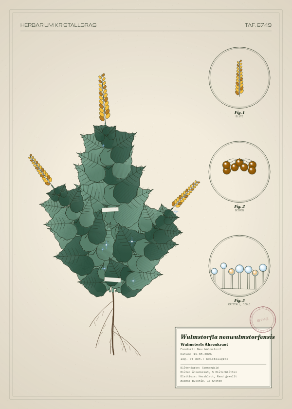 Botanische Tafel: Wulmstorfia neuwulmstorfensis, eine erfundene Pflanze aus Neu Wulmstorf, gezeichnet wie in einem alten Pflanzenatlas