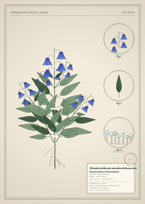 Botanische Tafel: Wunderslebenia wunderslebenensis, eine erfundene Pflanze aus Wundersleben, gezeichnet wie in einem alten Pflanzenatlas