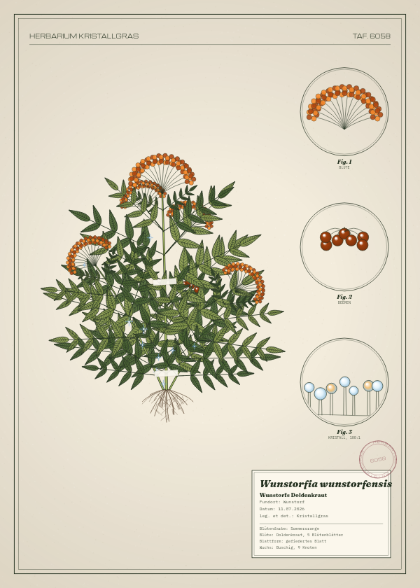 Botanische Tafel: Wunstorfia wunstorfensis, eine erfundene Pflanze aus Wunstorf, gezeichnet wie in einem alten Pflanzenatlas