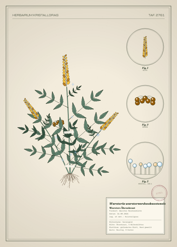 Botanische Tafel: Wursteria wursternordseekuestensis, eine erfundene Pflanze aus Wurster Nordseeküste, gezeichnet wie in einem alten Pflanzenatlas