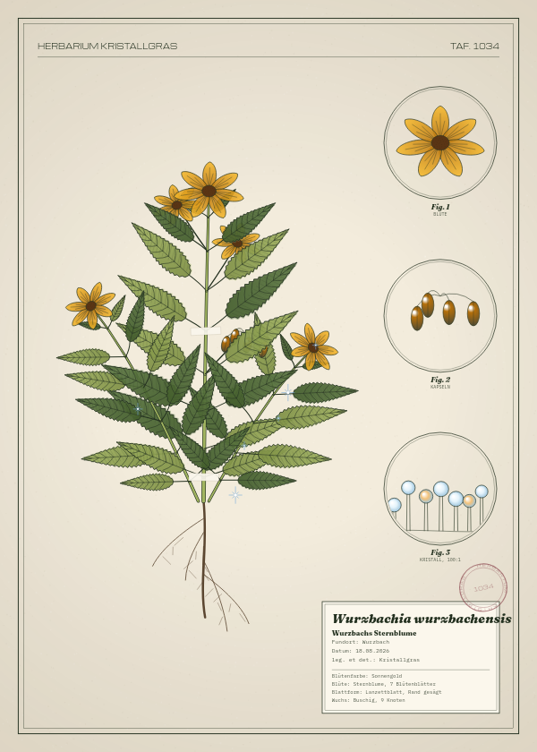 Botanische Tafel: Wurzbachia wurzbachensis, eine erfundene Pflanze aus Wurzbach, gezeichnet wie in einem alten Pflanzenatlas