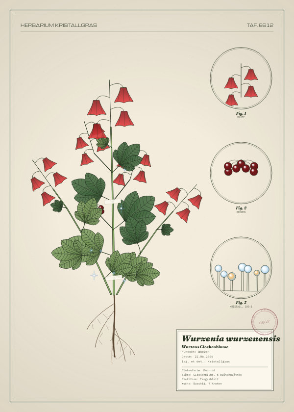 Botanische Tafel: Wurzenia wurzenensis, eine erfundene Pflanze aus Wurzen, gezeichnet wie in einem alten Pflanzenatlas