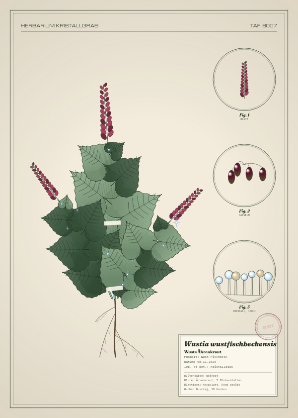 Botanische Tafel: Wustia wustfischbeckensis, eine erfundene Pflanze aus Wust-Fischbeck, gezeichnet wie in einem alten Pflanzenatlas