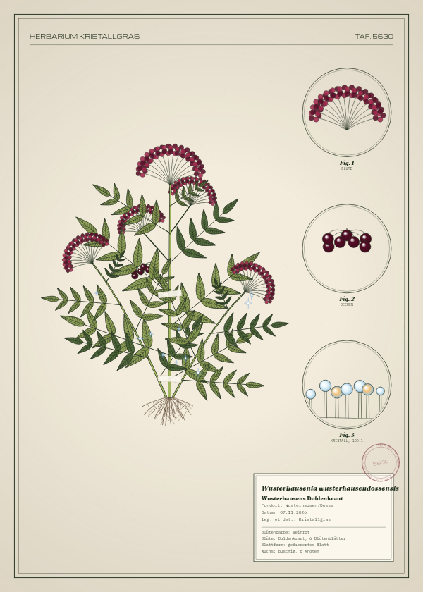 Botanische Tafel: Wusterhausenia wusterhausendossensis, eine erfundene Pflanze aus Wusterhausen/Dosse, gezeichnet wie in einem alten Pflanzenatlas
