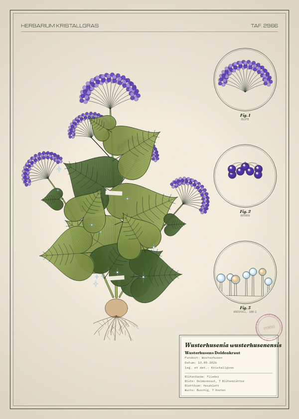 Botanische Tafel: Wusterhusenia wusterhusenensis, eine erfundene Pflanze aus Wusterhusen, gezeichnet wie in einem alten Pflanzenatlas