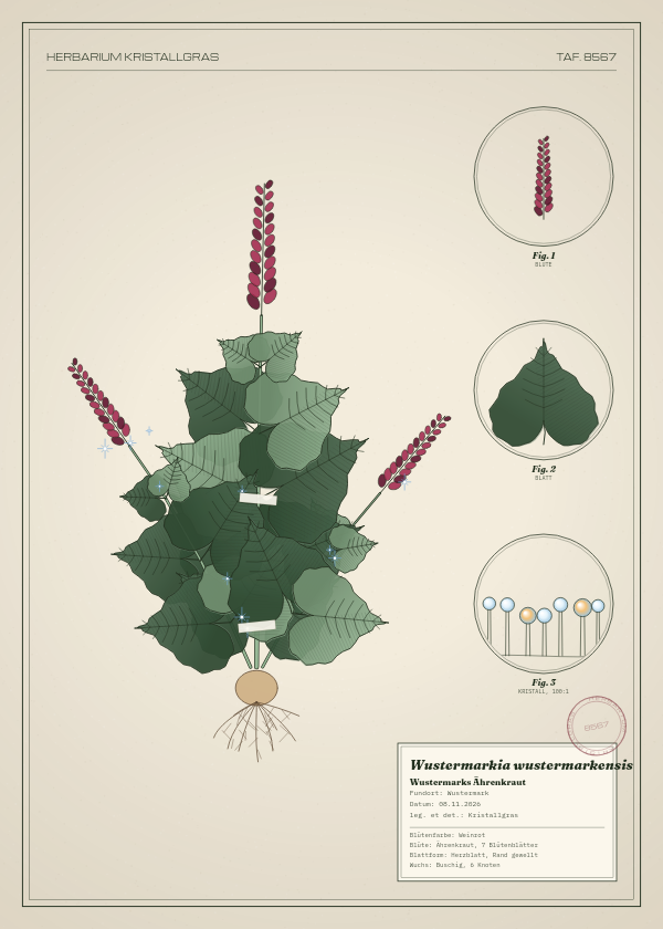 Botanische Tafel: Wustermarkia wustermarkensis, eine erfundene Pflanze aus Wustermark, gezeichnet wie in einem alten Pflanzenatlas