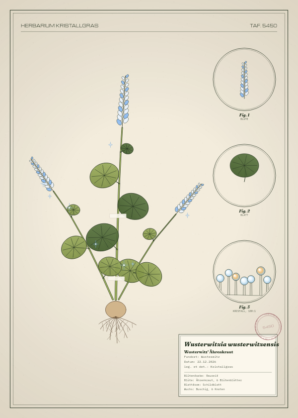 Botanische Tafel: Wusterwitzia wusterwitzensis, eine erfundene Pflanze aus Wusterwitz, gezeichnet wie in einem alten Pflanzenatlas