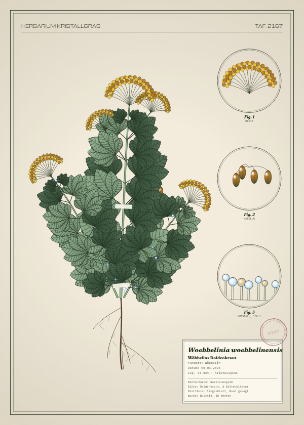 Botanische Tafel: Woebbelinia woebbelinensis, eine erfundene Pflanze aus Wöbbelin, gezeichnet wie in einem alten Pflanzenatlas