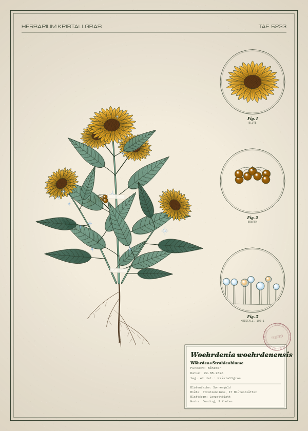 Botanische Tafel: Woehrdenia woehrdenensis, eine erfundene Pflanze aus Wöhrden, gezeichnet wie in einem alten Pflanzenatlas