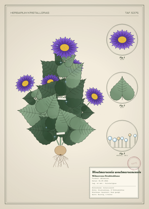 Botanische Tafel: Woelmersenia woelmersenensis, eine erfundene Pflanze aus Wölmersen, gezeichnet wie in einem alten Pflanzenatlas