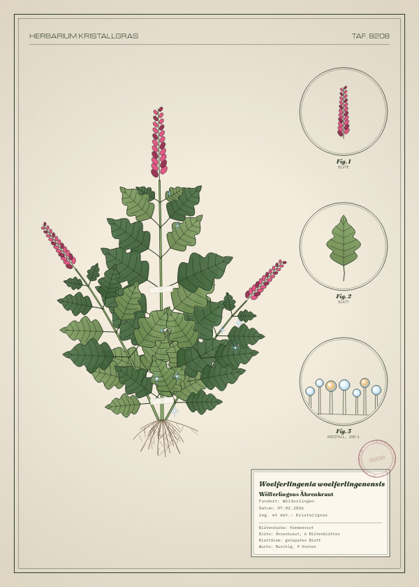Botanische Tafel: Woelferlingenia woelferlingenensis, eine erfundene Pflanze aus Wölferlingen, gezeichnet wie in einem alten Pflanzenatlas